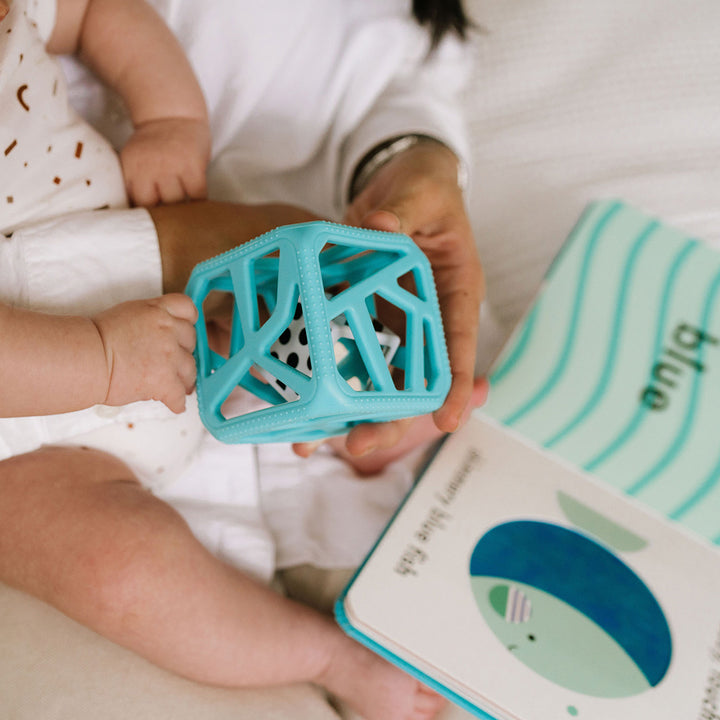 Blue teething cube and baby book